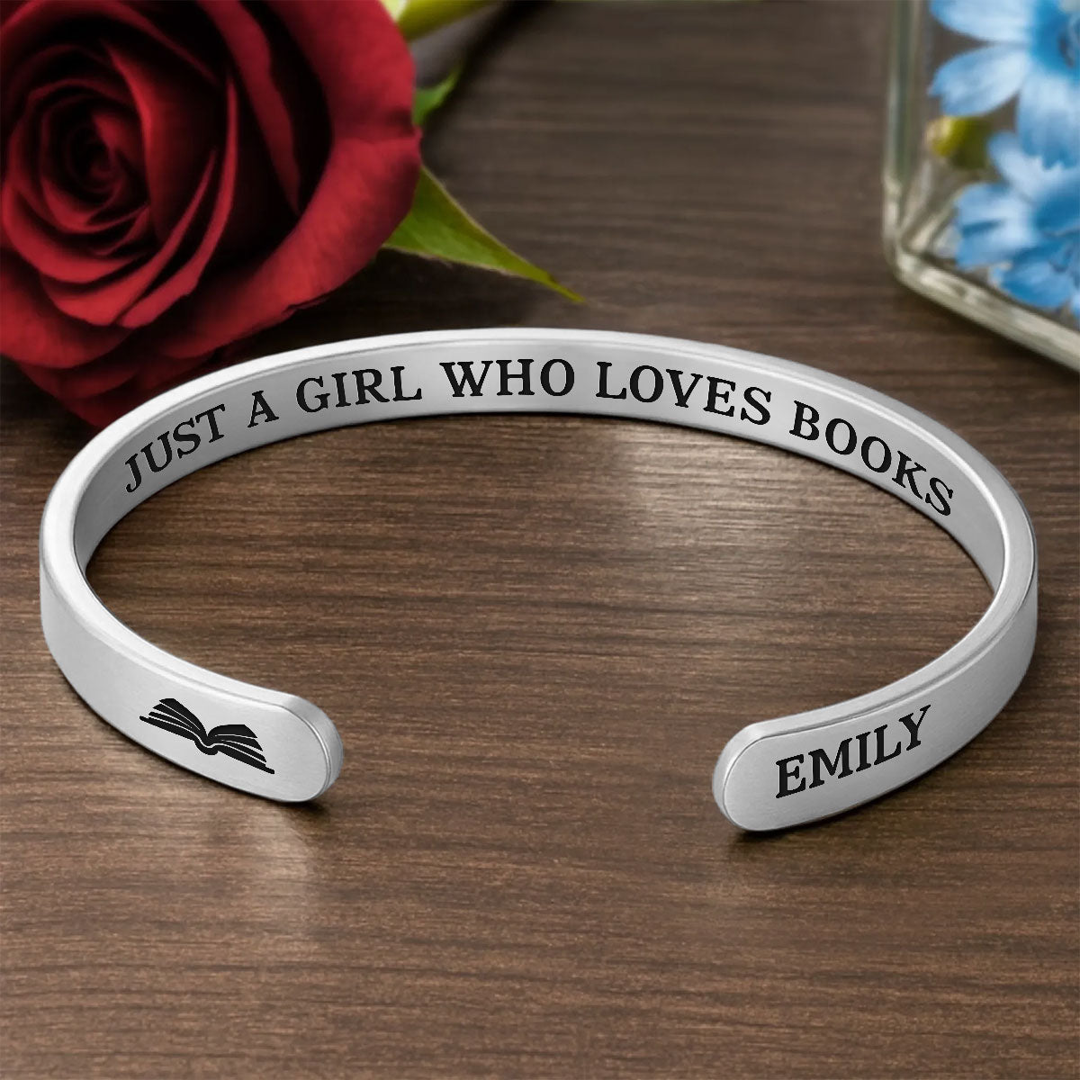 Just A Girl Who Loves Books Library Card - Personalized Cuff Bangle Bracelet With Box