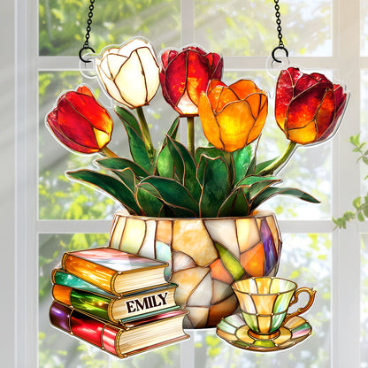 Nostalgic Tulips, Books, And Tea - Personalized Acrylic Suncatcher
