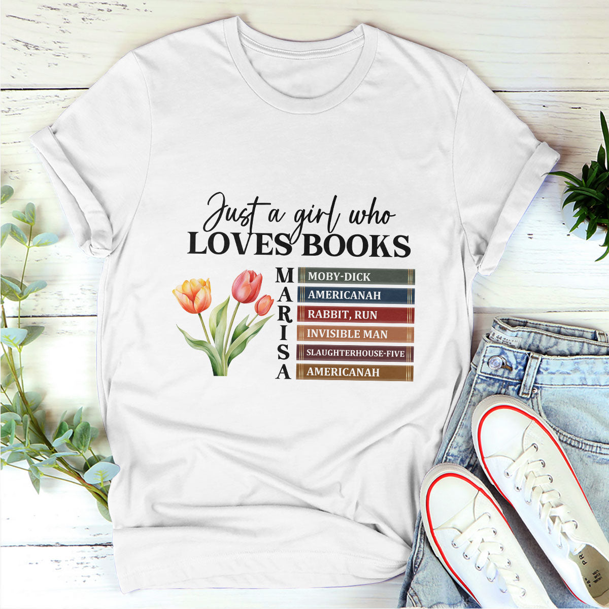 Just A Girl Who Loves Books Custom Flower - Personalized Unisex T-shirt