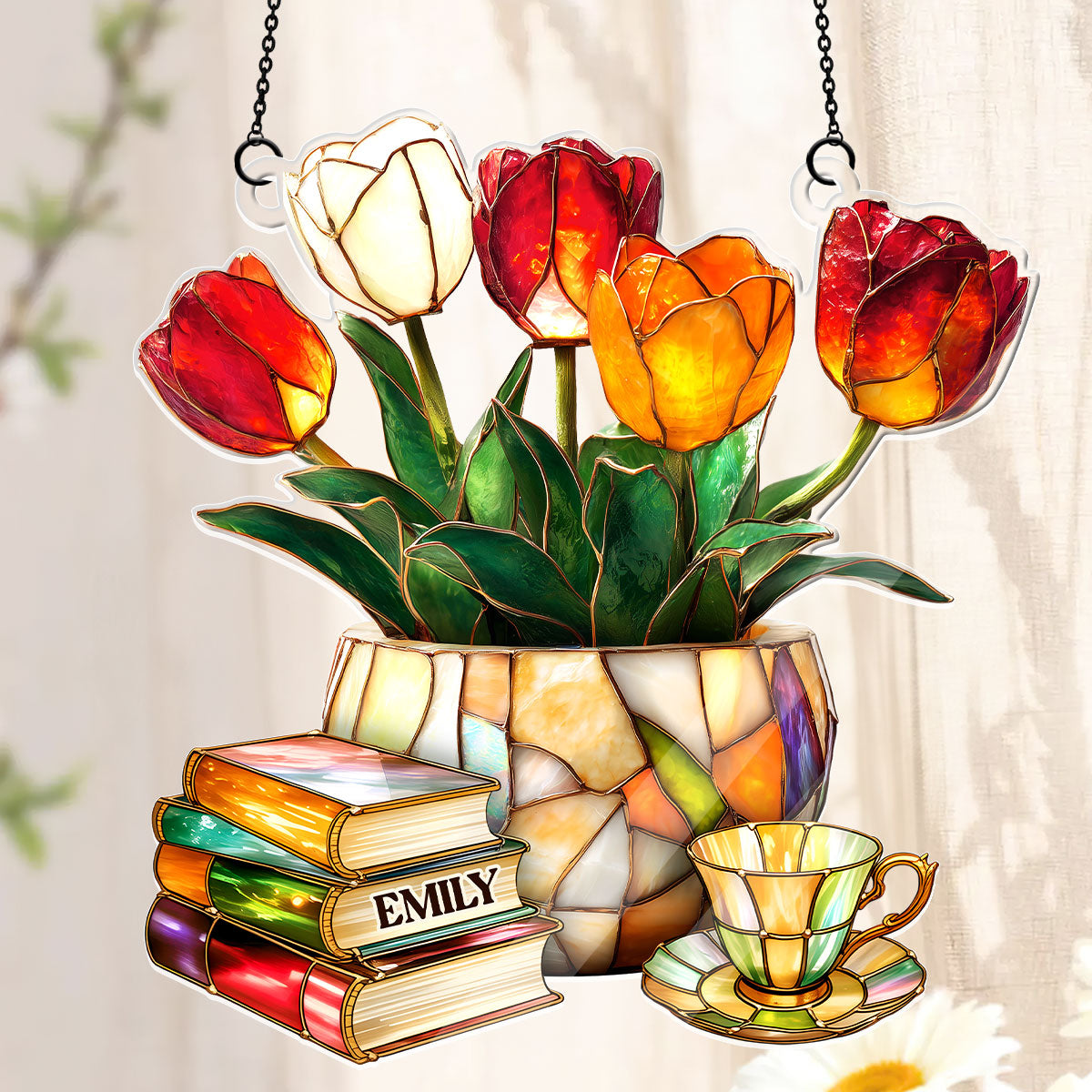 Nostalgic Tulips, Books, And Tea - Personalized Acrylic Suncatcher
