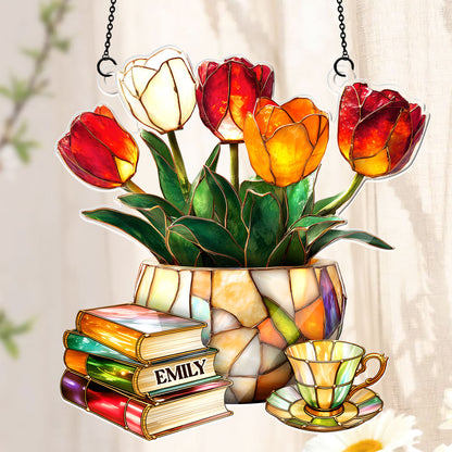 Nostalgic Tulips, Books, And Tea - Personalized Acrylic Suncatcher