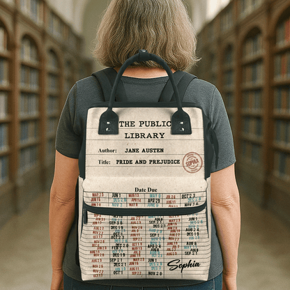 Nostalgic Library Card Due Date Stamp - Personalized Duckbilled Backpack