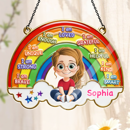 I Am Loved Grateful Kind Rainbow Gift For Grandkids - Personalized Acrylic Suncatcher