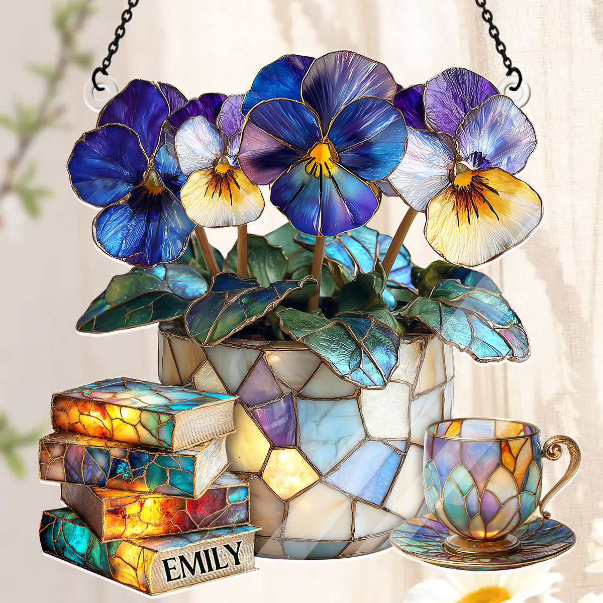 Violet, Books, And Tea - Personalized Acrylic Suncatcher