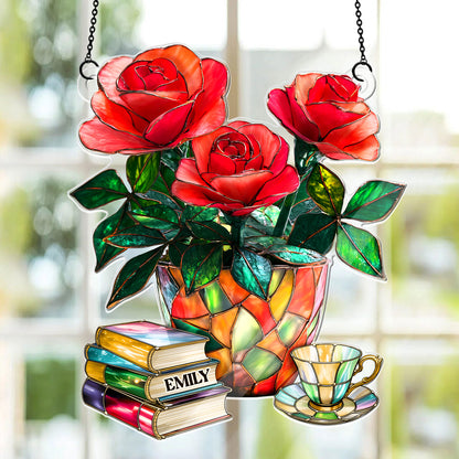 Nostalgic Roses, Books, And Tea - Personalized Acrylic Suncatcher