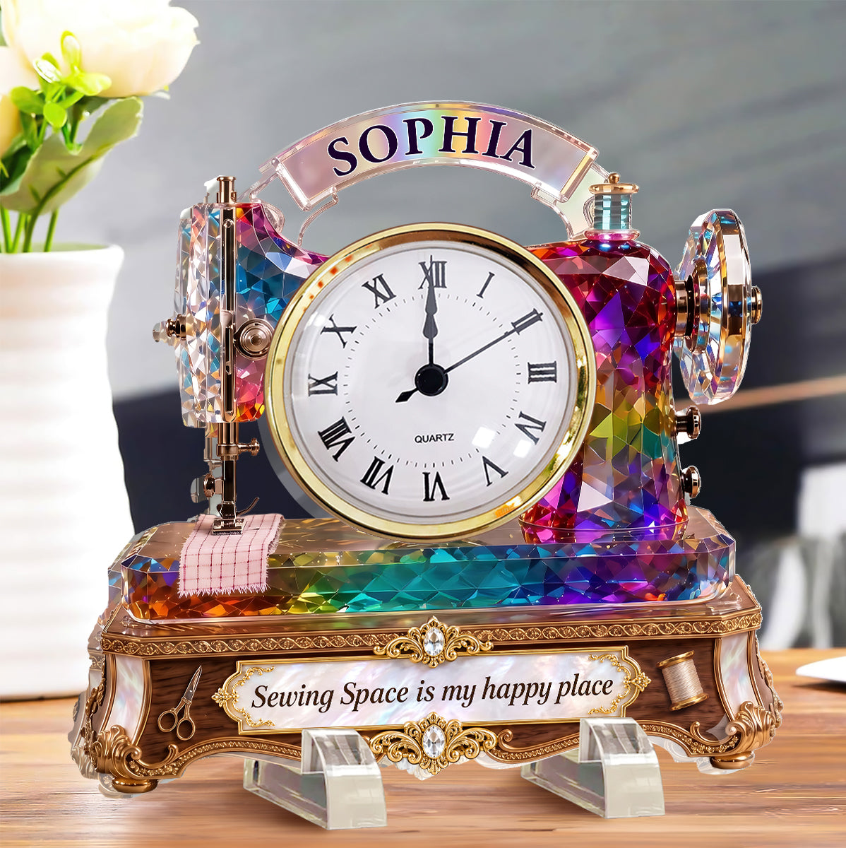 Stained Glass Effect Sewing Machine - Personalized Acrylic Desk Clock