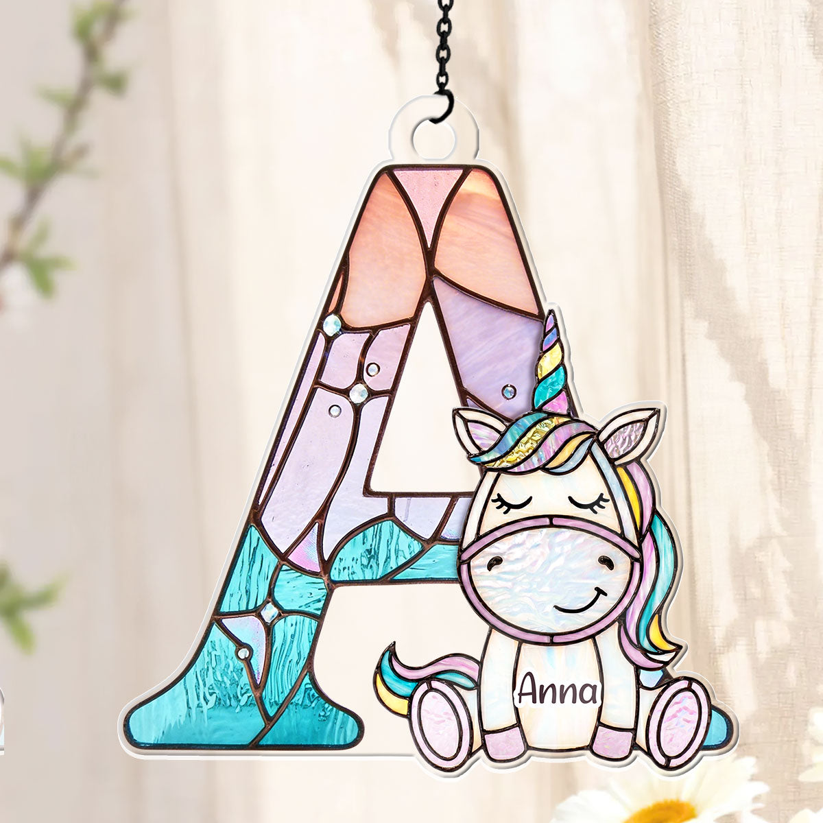 Custom Name Unicorn Alphabet Stained Glass For Kids - Personalized Acrylic Suncatcher