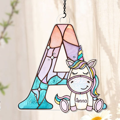 Custom Name Unicorn Alphabet Stained Glass For Kids - Personalized Acrylic Suncatcher