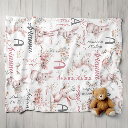 Floral Bunny Baby Shower Gift - Personalized Fleece Blanket