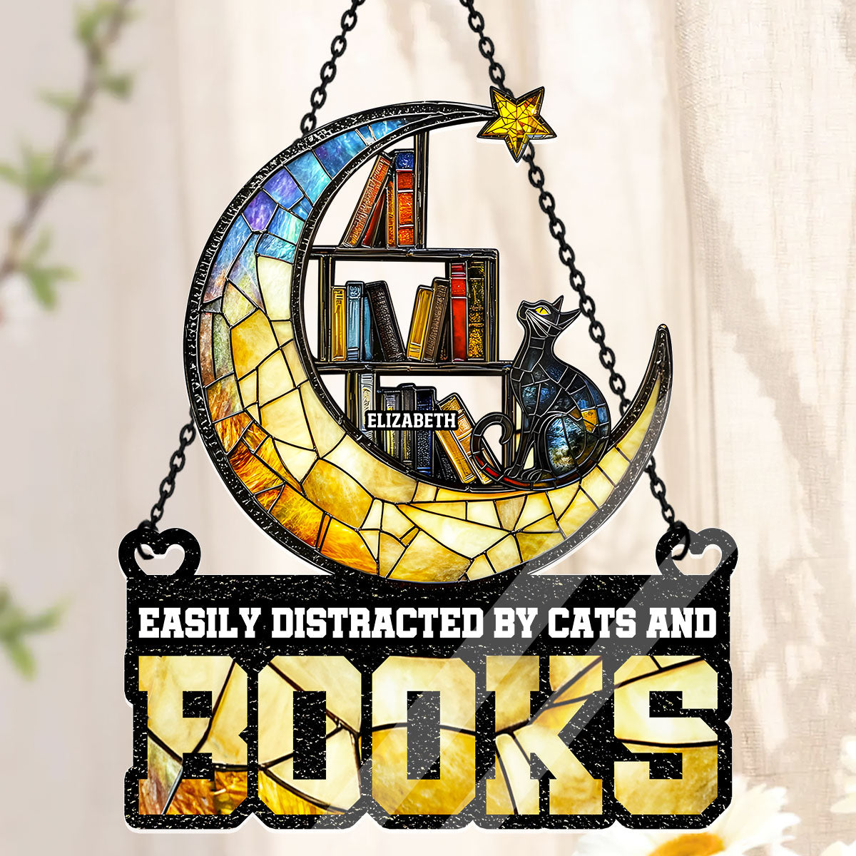 Easily Distracted By Cats And Books - Personalized Acrylic Suncatcher