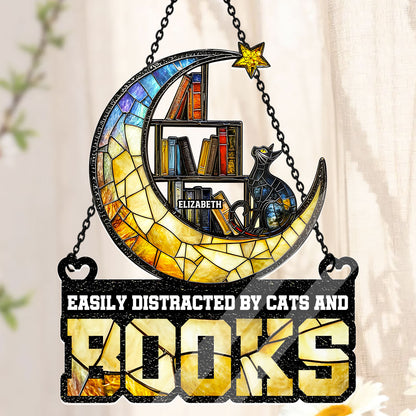 Easily Distracted By Cats And Books - Personalized Acrylic Suncatcher
