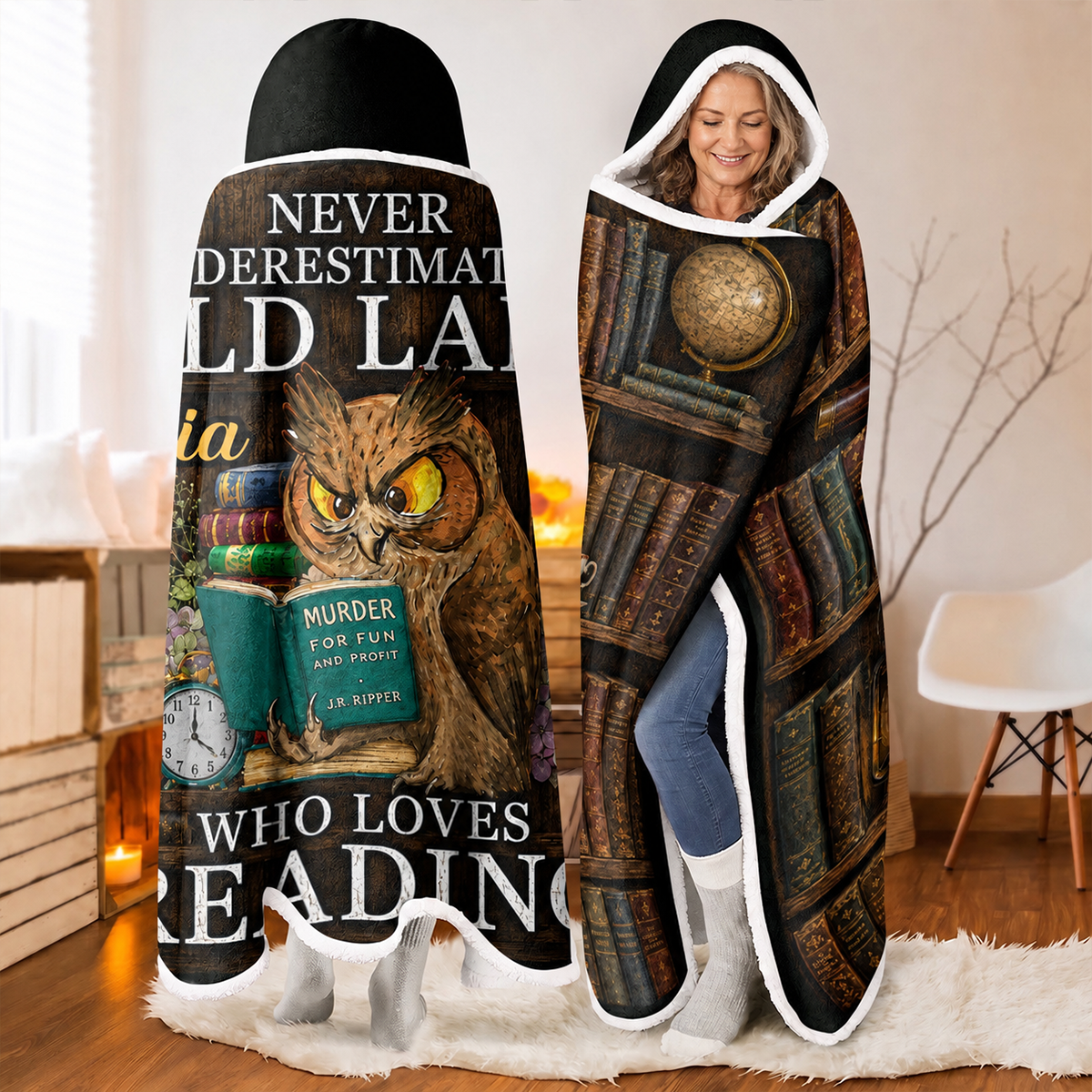 Never Underestimate An Old Lady Who Loves Reading - Personalized Wearable Hooded Blanket
