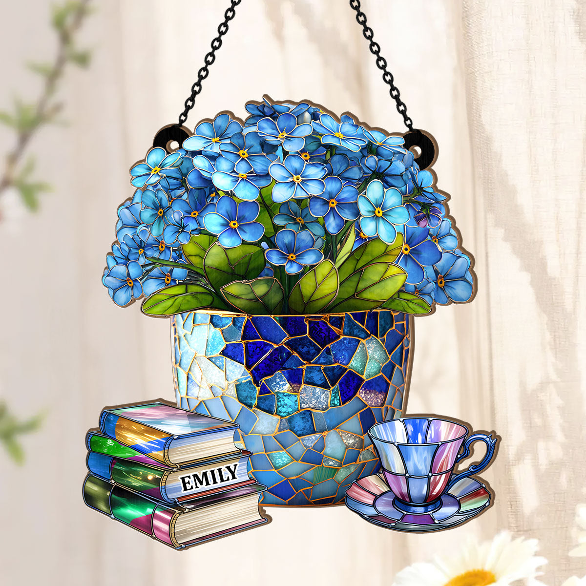 Forget-Me-Not, Books, And Tea - Personalized Acrylic Suncatcher