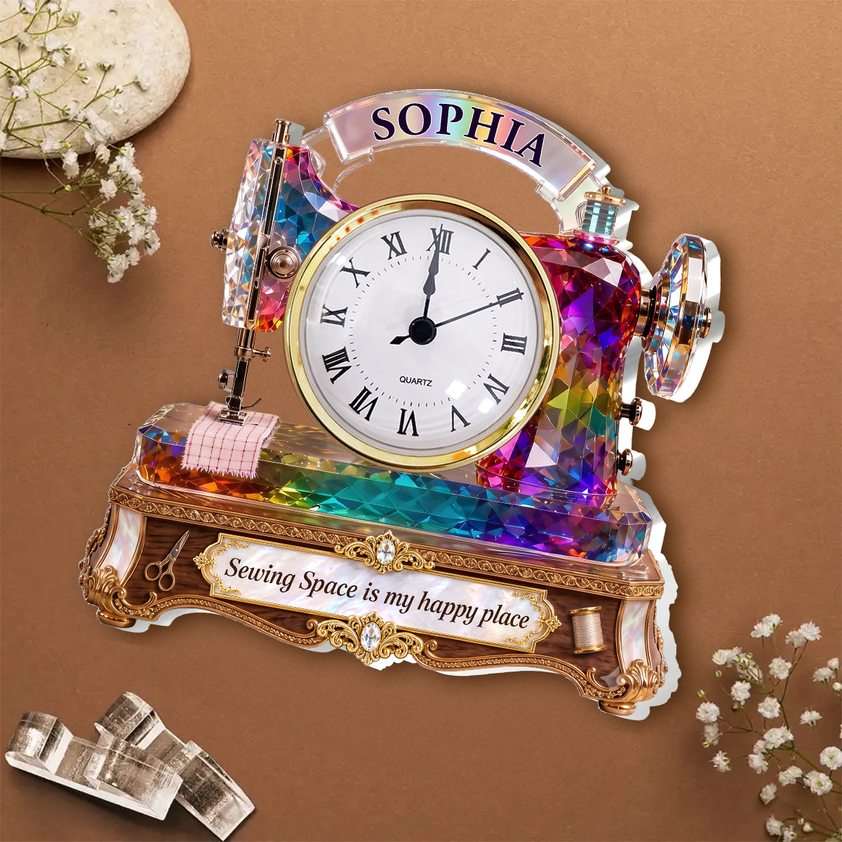 Stained Glass Effect Sewing Machine - Personalized Acrylic Desk Clock