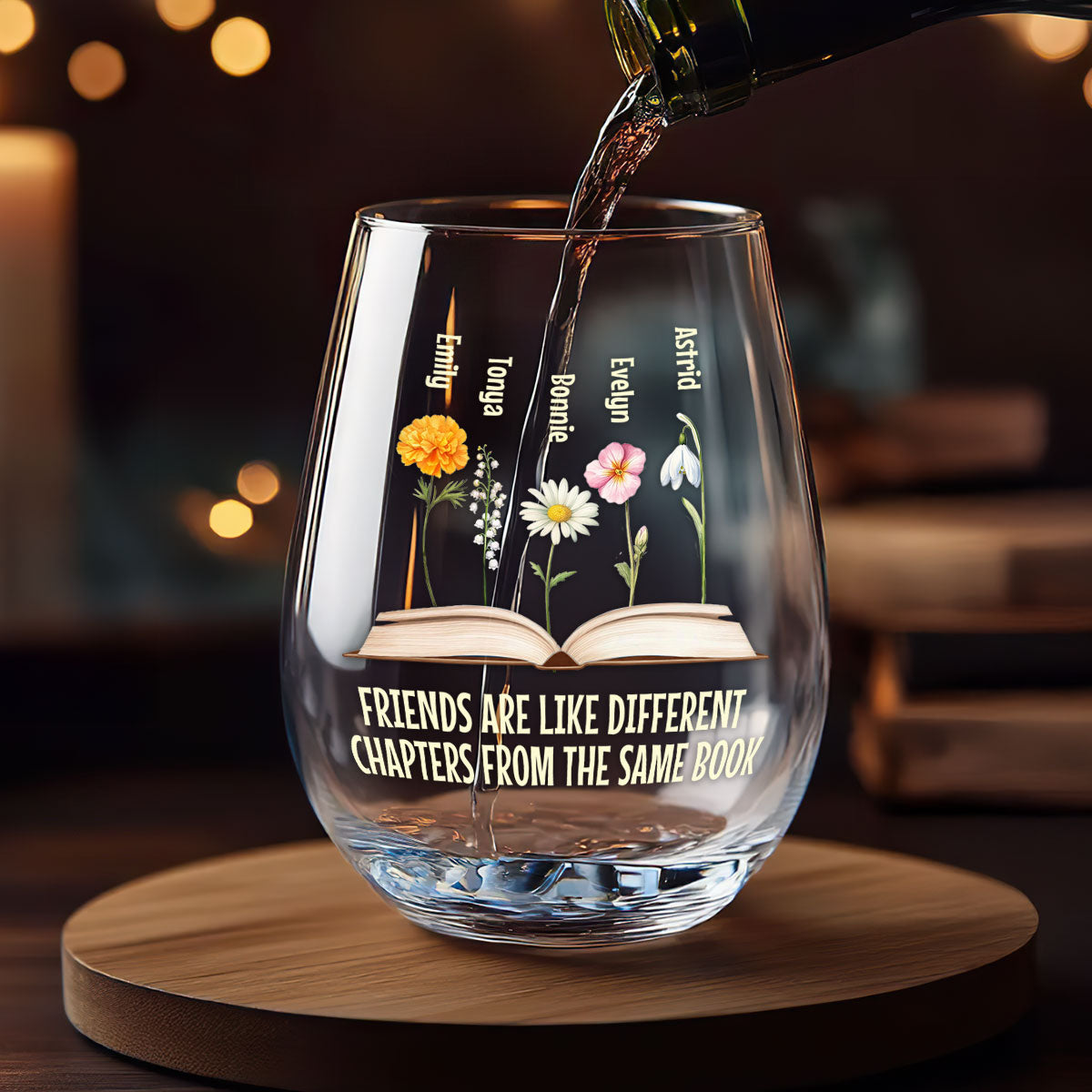 Birth Flower Grow An Old Friend Bestie - Personalized Stemless Wine Glass