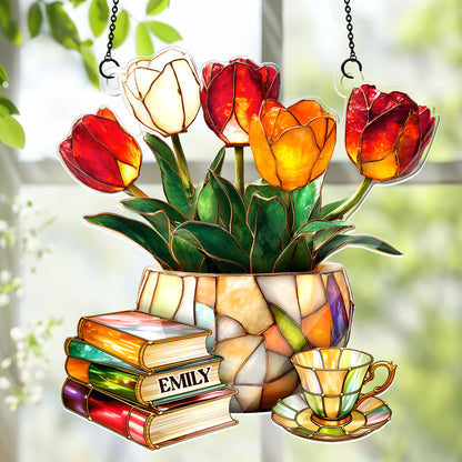 Nostalgic Tulips, Books, And Tea - Personalized Acrylic Suncatcher