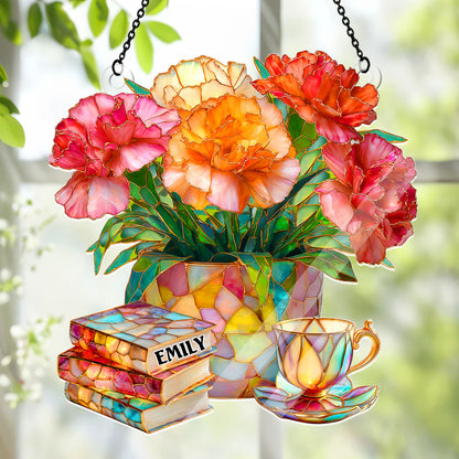 Carnation, Books, And Tea - Personalized Acrylic Suncatcher