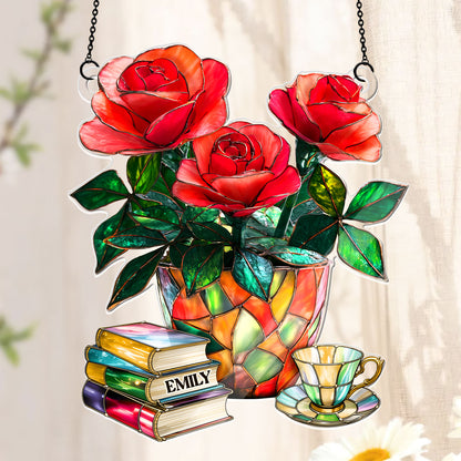 Nostalgic Roses, Books, And Tea - Personalized Acrylic Suncatcher