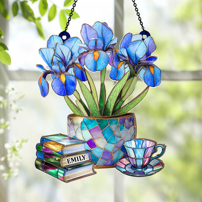 Nostalgic Iris, Books, And Tea -  Personalized Acrylic Suncatcher