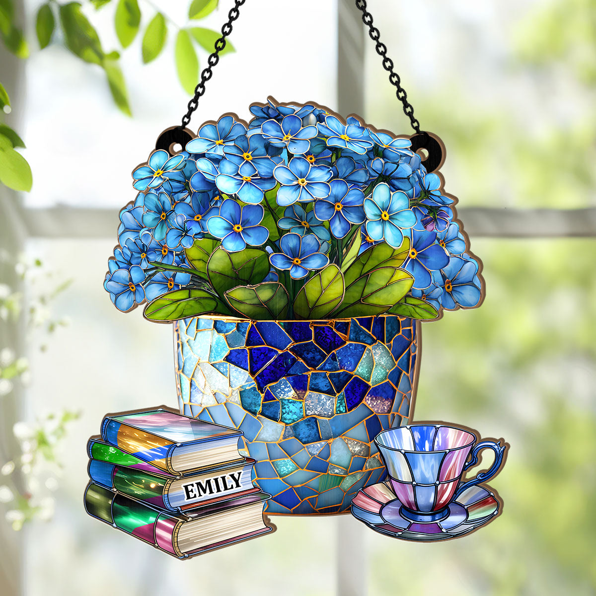 Forget-Me-Not, Books, And Tea - Personalized Acrylic Suncatcher