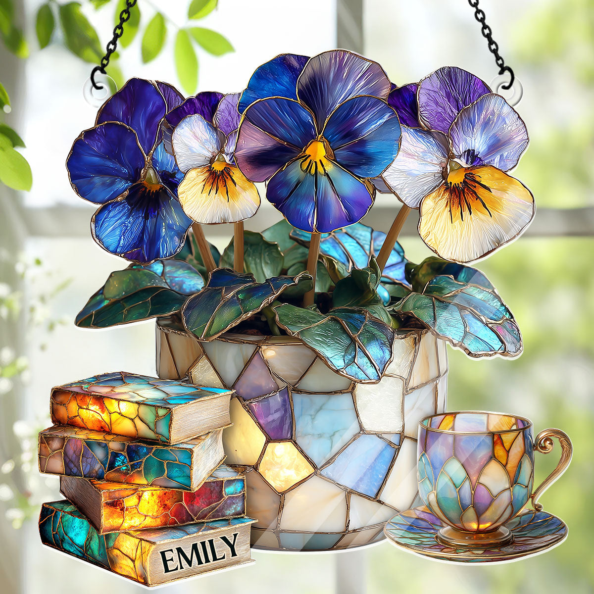Violet, Books, And Tea - Personalized Acrylic Suncatcher