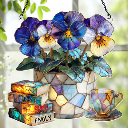 Violet, Books, And Tea - Personalized Acrylic Suncatcher