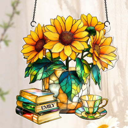 Nostalgic Sunflowers, Books, And Tea - Personalized Acrylic Suncatcher