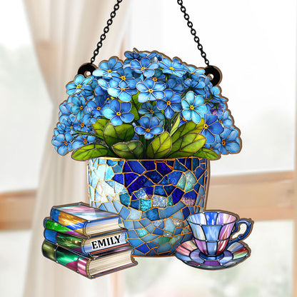 Forget-Me-Not, Books, And Tea - Personalized Acrylic Suncatcher