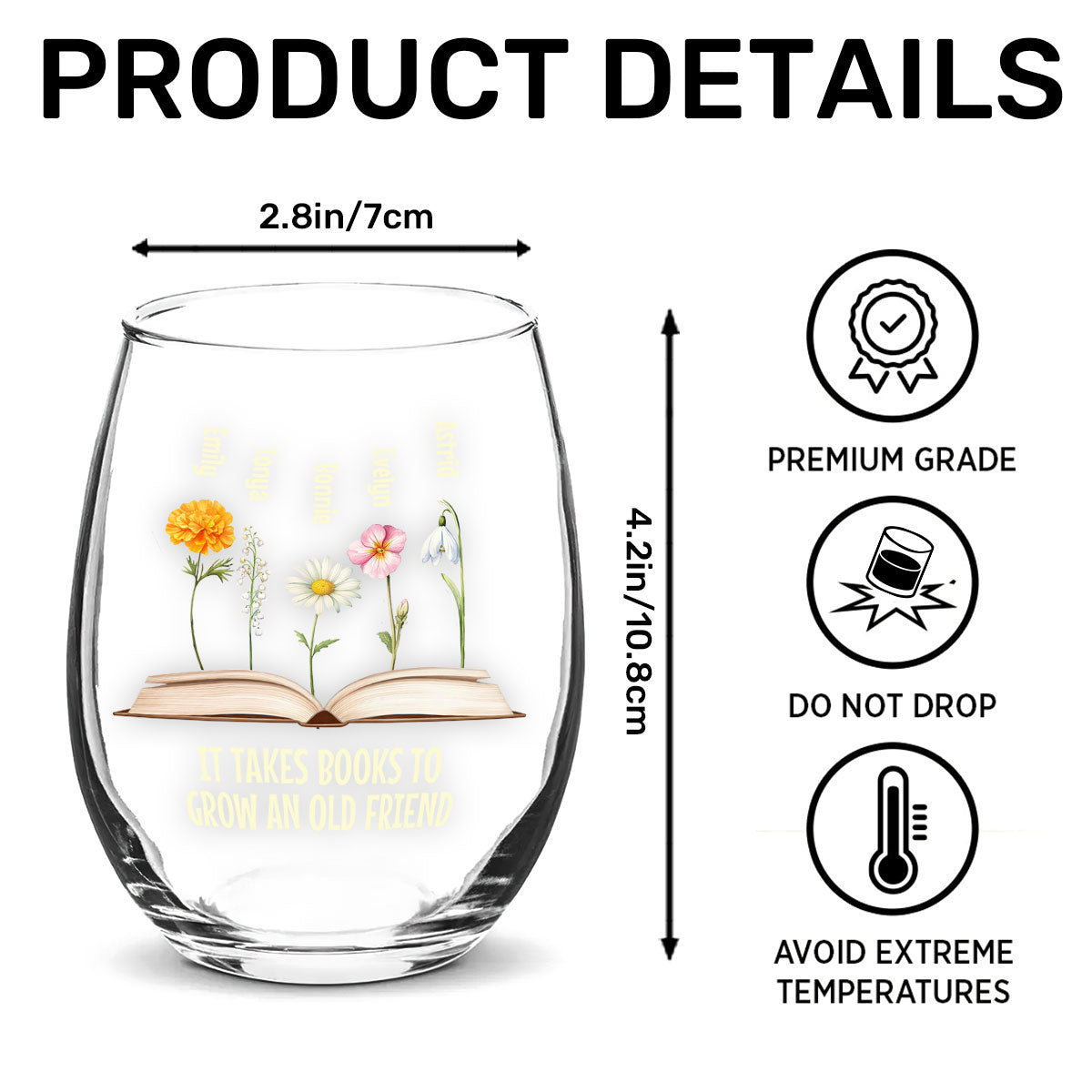 Birth Flower Grow An Old Friend Bestie - Personalized Stemless Wine Glass