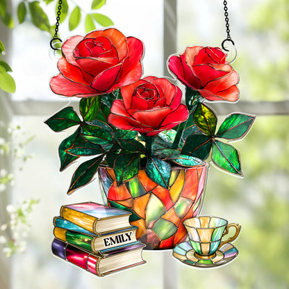 Nostalgic Roses, Books, And Tea - Personalized Acrylic Suncatcher