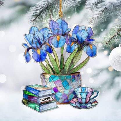 Flower, Books, And Tea - Personalized Custom Shaped Stained Glass Ornament
