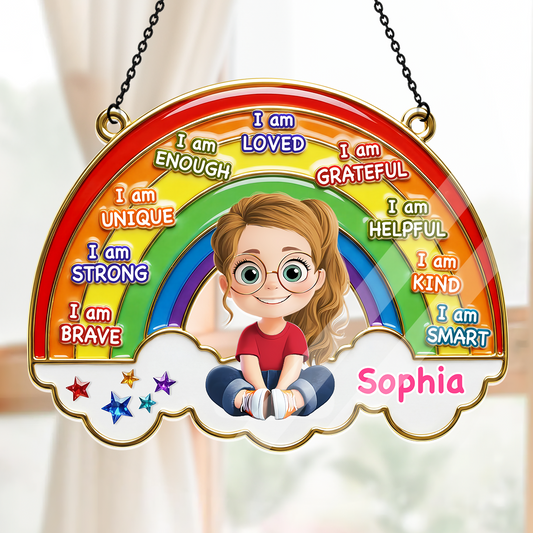 I Am Loved Grateful Kind Rainbow Gift For Grandkids - Personalized Acrylic Suncatcher