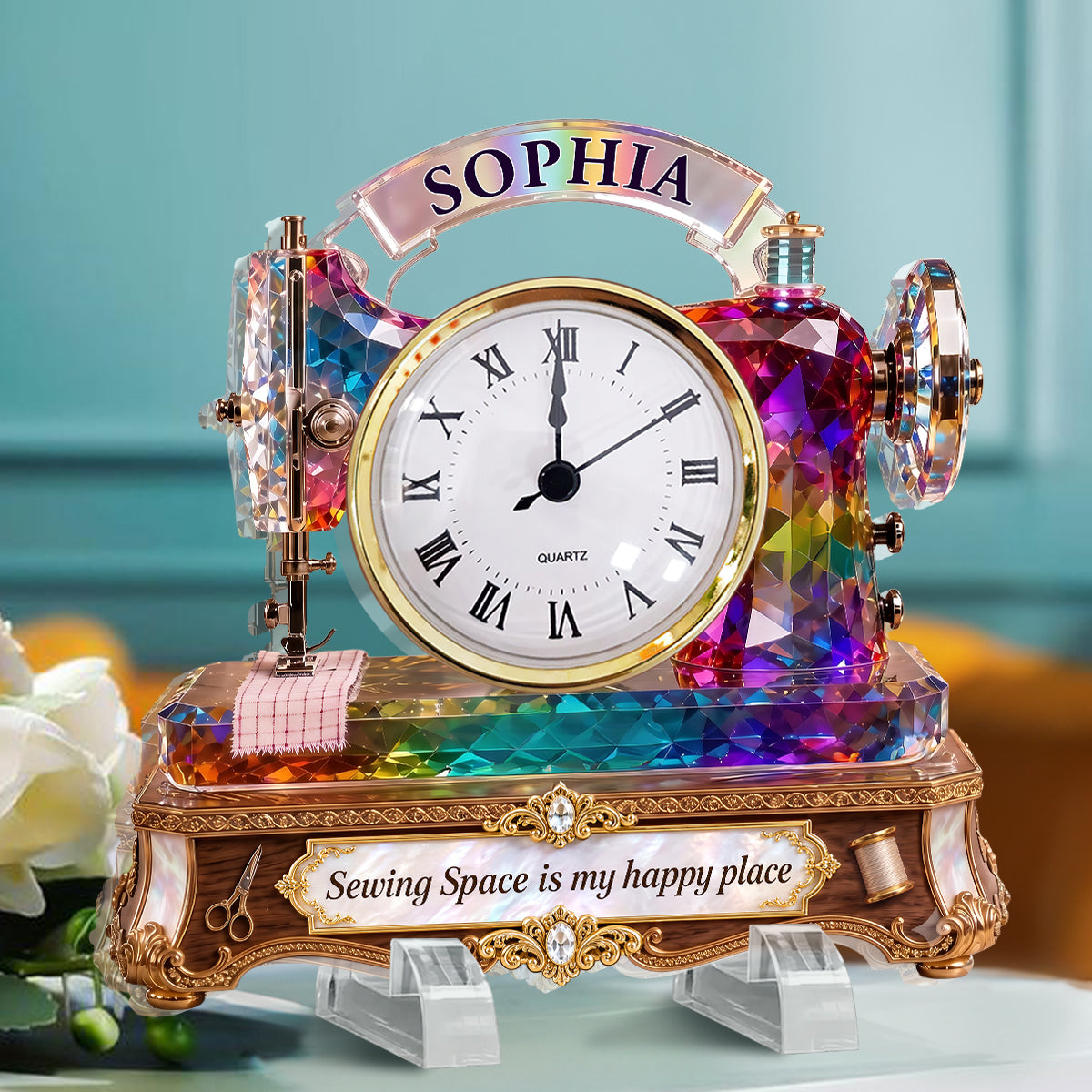 Stained Glass Effect Sewing Machine - Personalized Acrylic Desk Clock