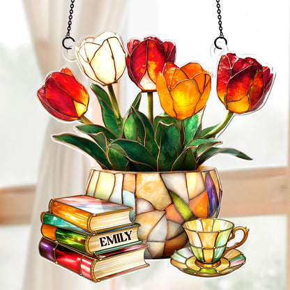 Nostalgic Tulips, Books, And Tea - Personalized Acrylic Suncatcher
