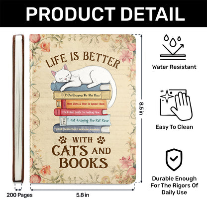 Life Is Better With Cats And Books - Personalized Leather Cover Notebook