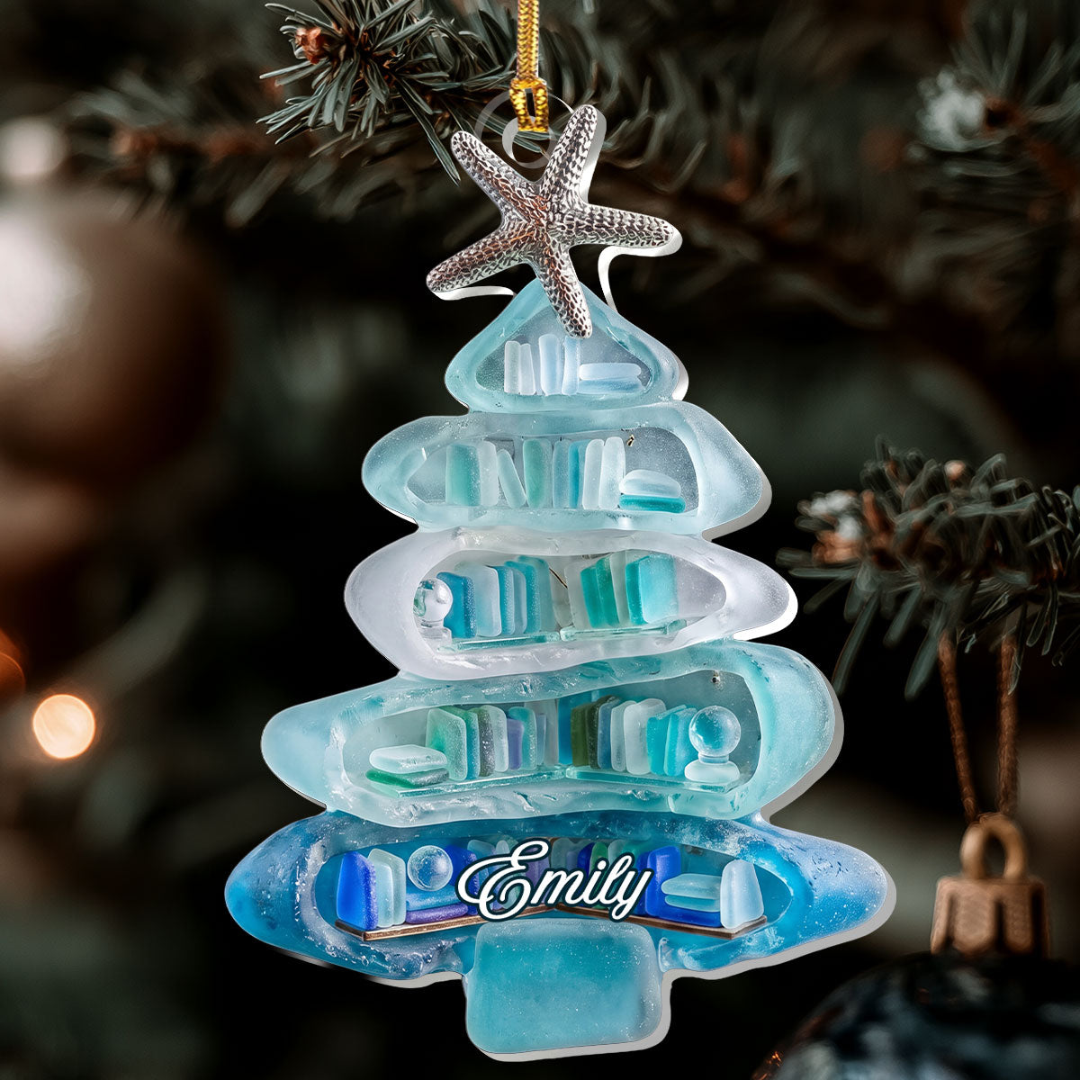Christmas Book Tree Sea Glass Effect - Personalized 1-Layer Acrylic Ornament