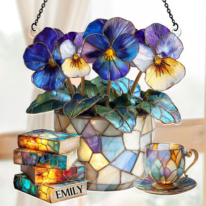 Violet, Books, And Tea - Personalized Acrylic Suncatcher