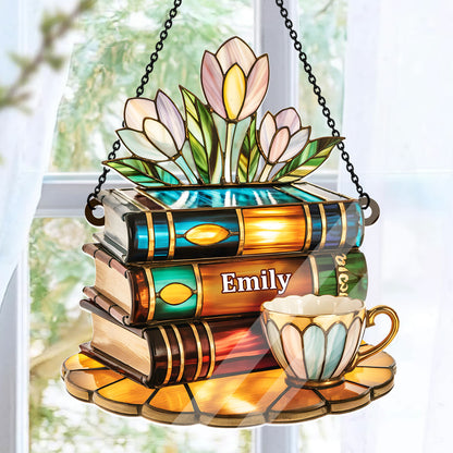Tea Cup And Library - Personalized Acrylic Suncatcher