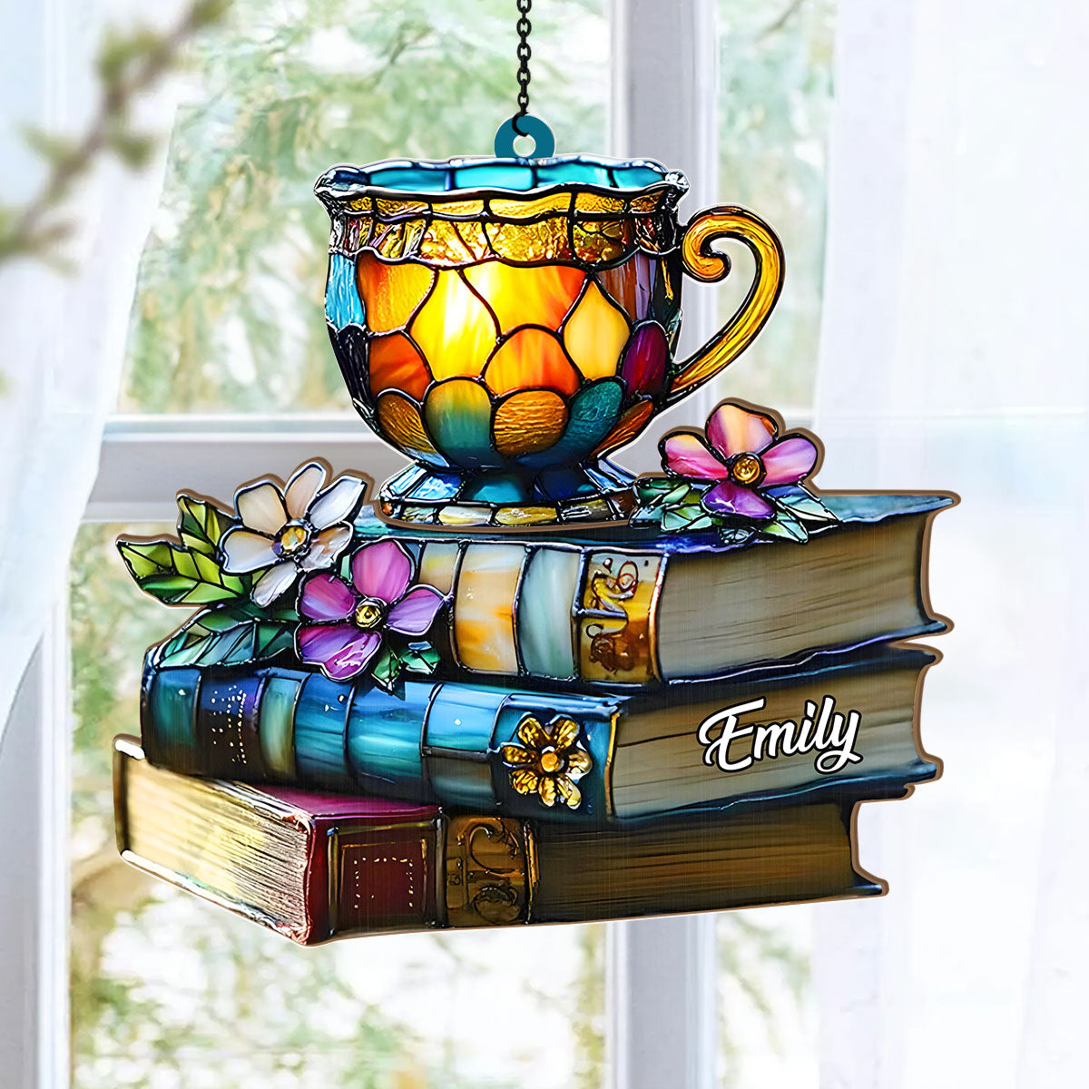 Floral Book And Tea - Personalized Acrylic Suncatcher