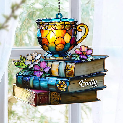 Floral Book And Tea - Personalized Acrylic Suncatcher