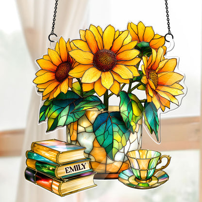 Nostalgic Sunflowers, Books, And Tea - Personalized Acrylic Suncatcher