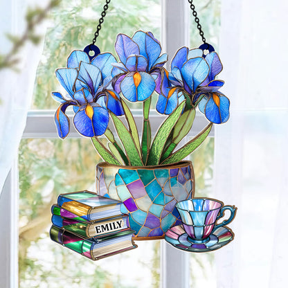 Nostalgic Iris, Books, And Tea -  Personalized Acrylic Suncatcher
