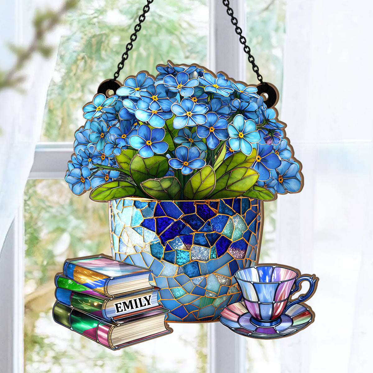Forget-Me-Not, Books, And Tea - Personalized Acrylic Suncatcher