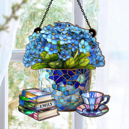 Forget-Me-Not, Books, And Tea - Personalized Acrylic Suncatcher
