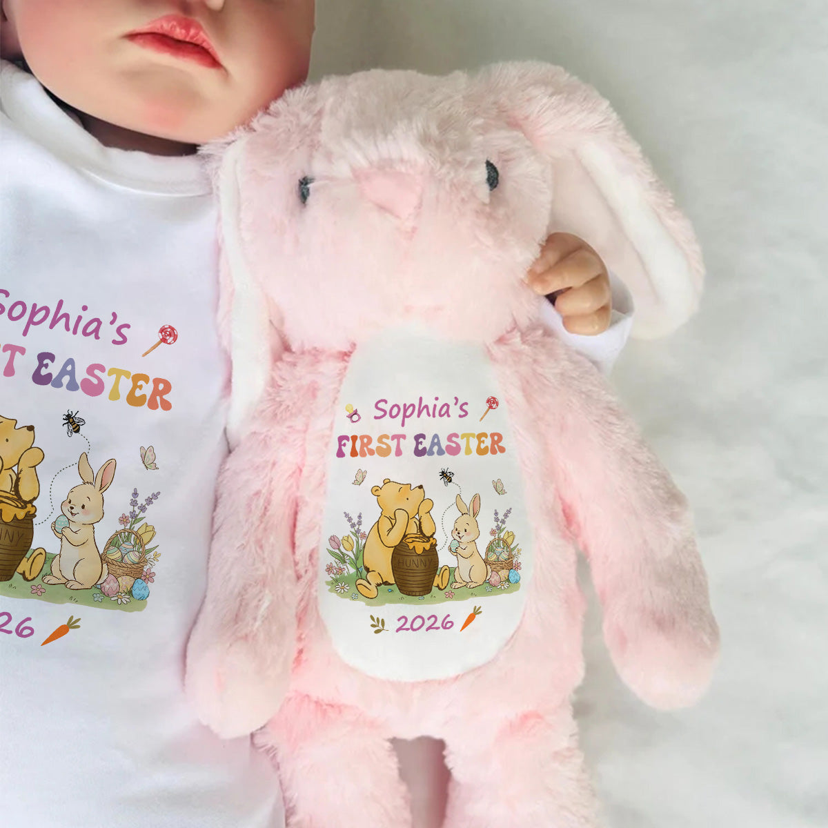 Baby's First Easter With Pooh - Personalized Stuffed Bunny