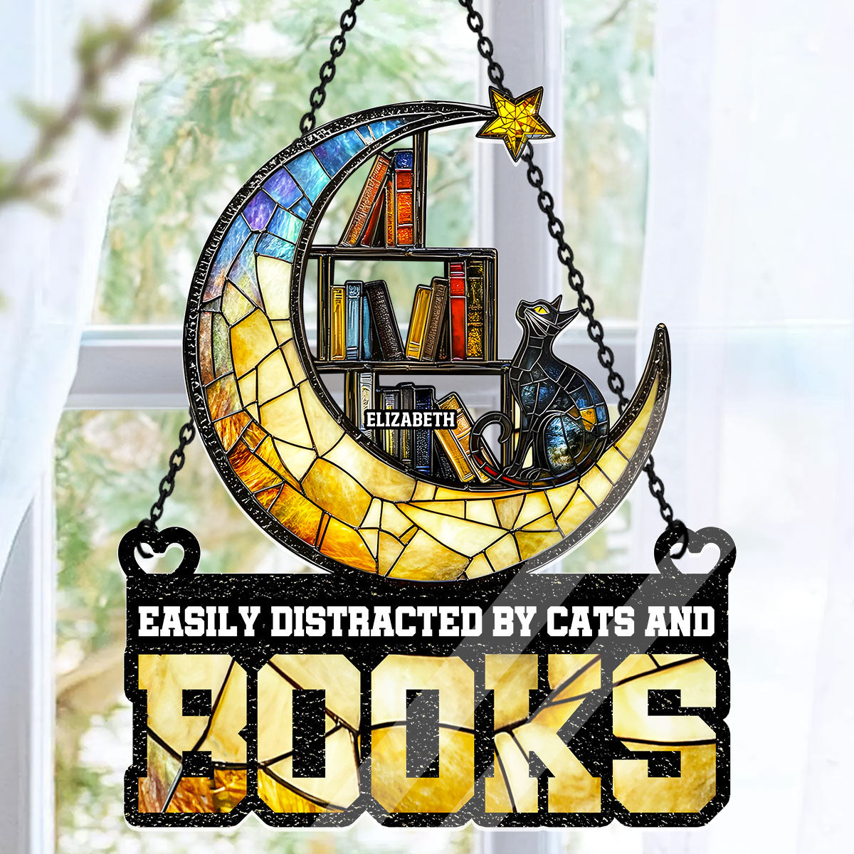 Easily Distracted By Cats And Books - Personalized Acrylic Suncatcher