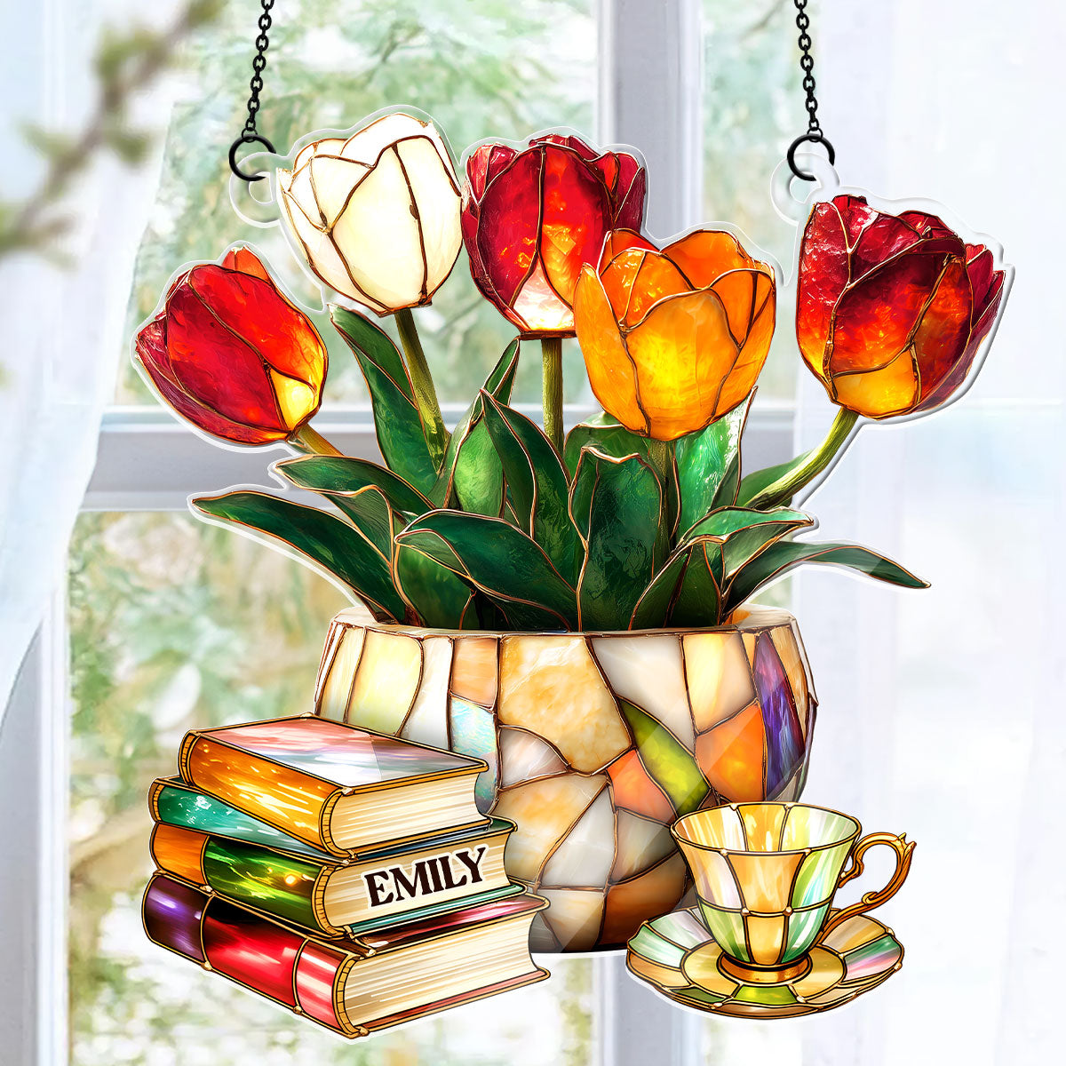 Nostalgic Tulips, Books, And Tea - Personalized Acrylic Suncatcher