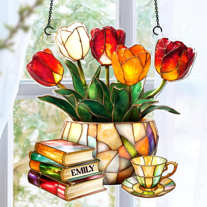 Nostalgic Tulips, Books, And Tea - Personalized Acrylic Suncatcher