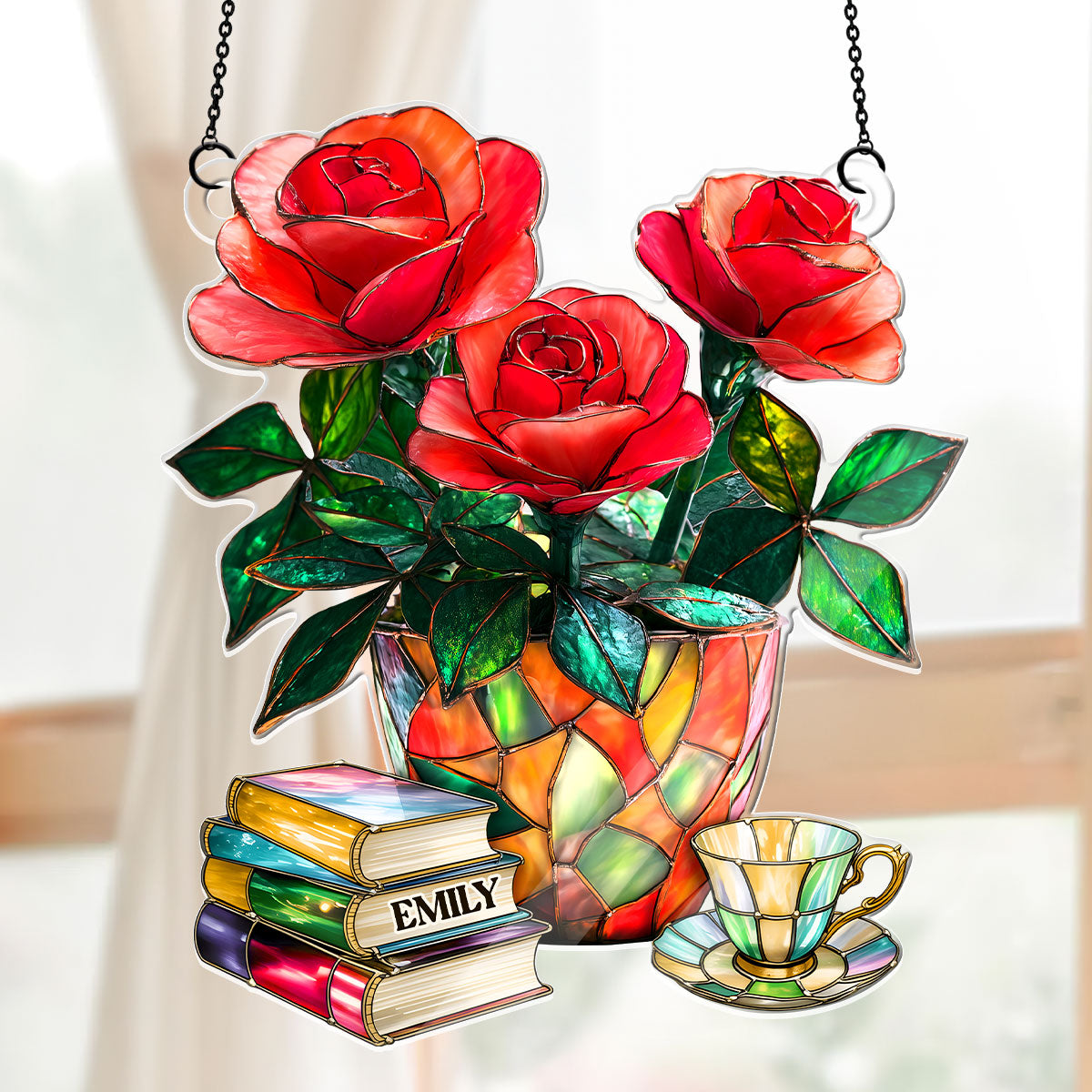 Nostalgic Roses, Books, And Tea - Personalized Acrylic Suncatcher