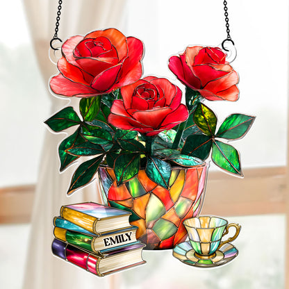 Nostalgic Roses, Books, And Tea - Personalized Acrylic Suncatcher